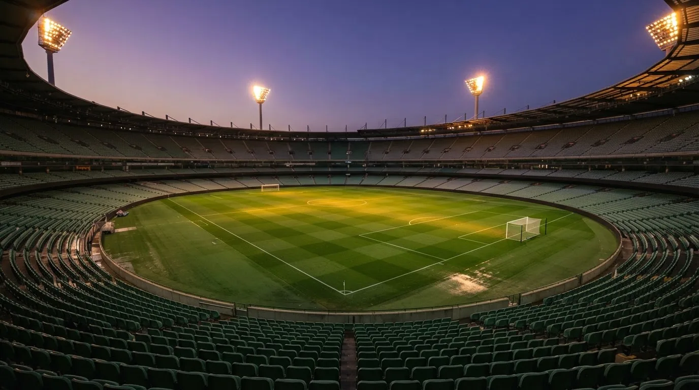 An empty football stadium with floodlight masts at dusk