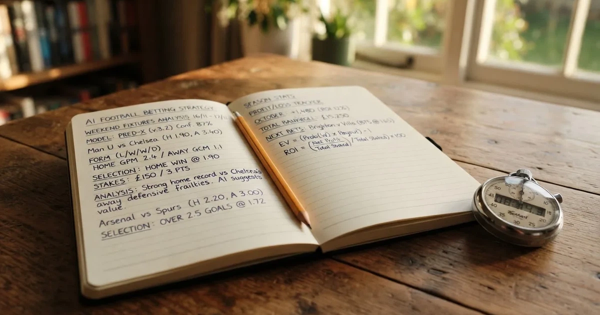 An open notebook with a pencil and a stopwatch on a wooden table