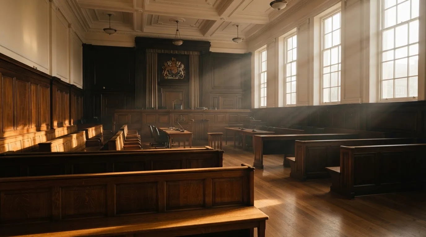 An empty courtroom with wooden benches in morning light