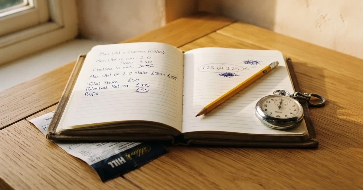 An open notebook with a pencil and a stopwatch on a wooden table