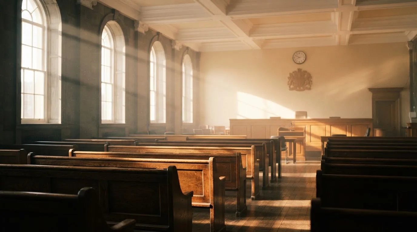 An empty courtroom with wooden benches in morning light