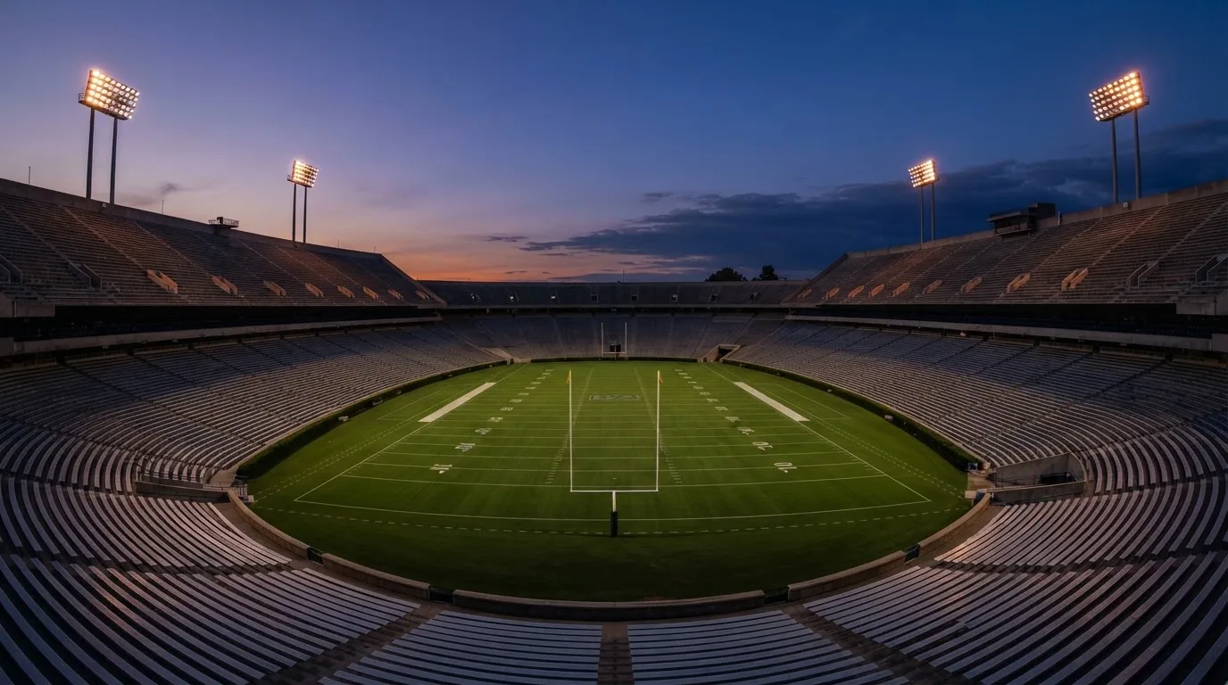 An empty football stadium with floodlight masts at dusk