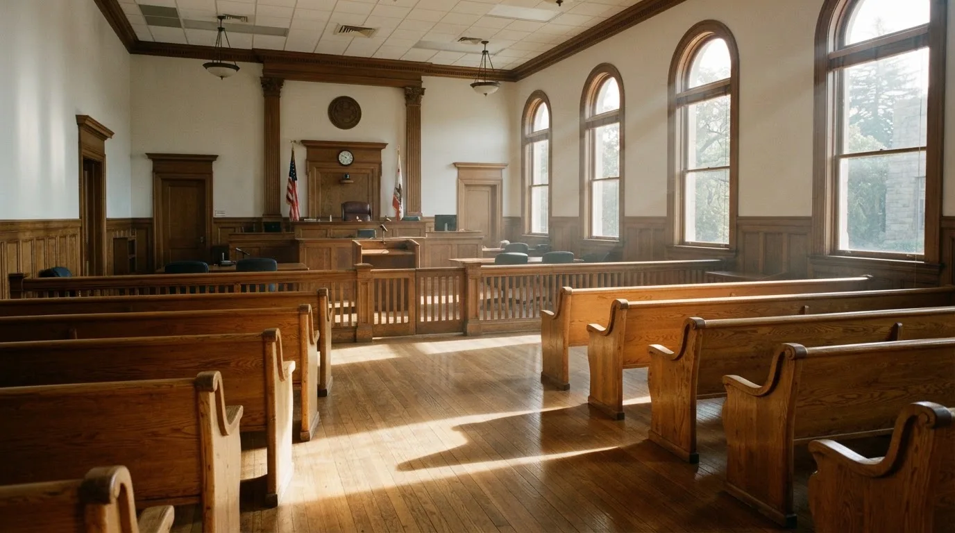 An empty courtroom with wooden benches in morning light