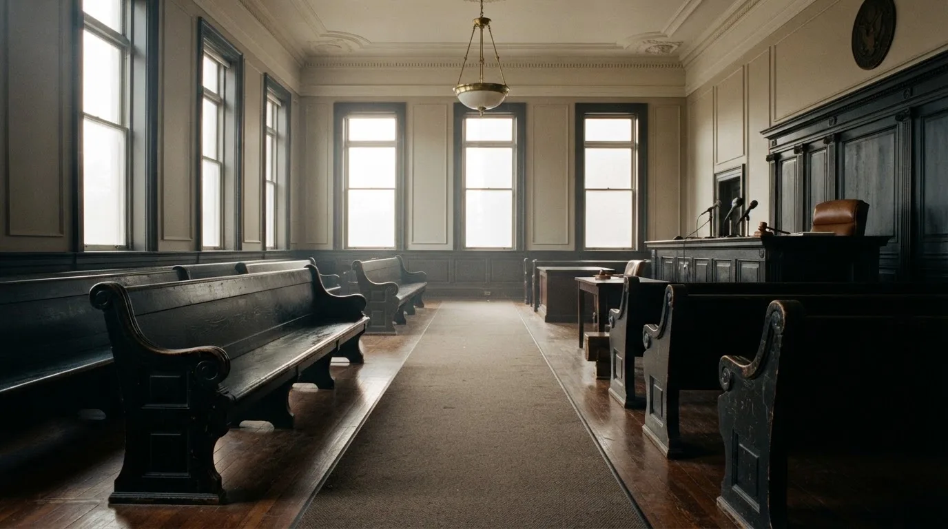 An empty courtroom with wooden benches in morning light