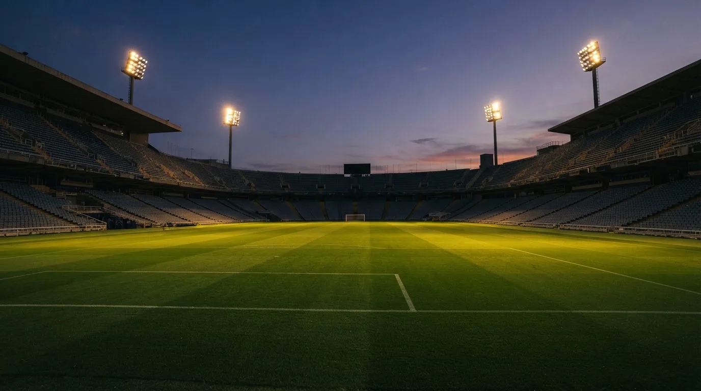 An empty football stadium with floodlight masts at dusk
