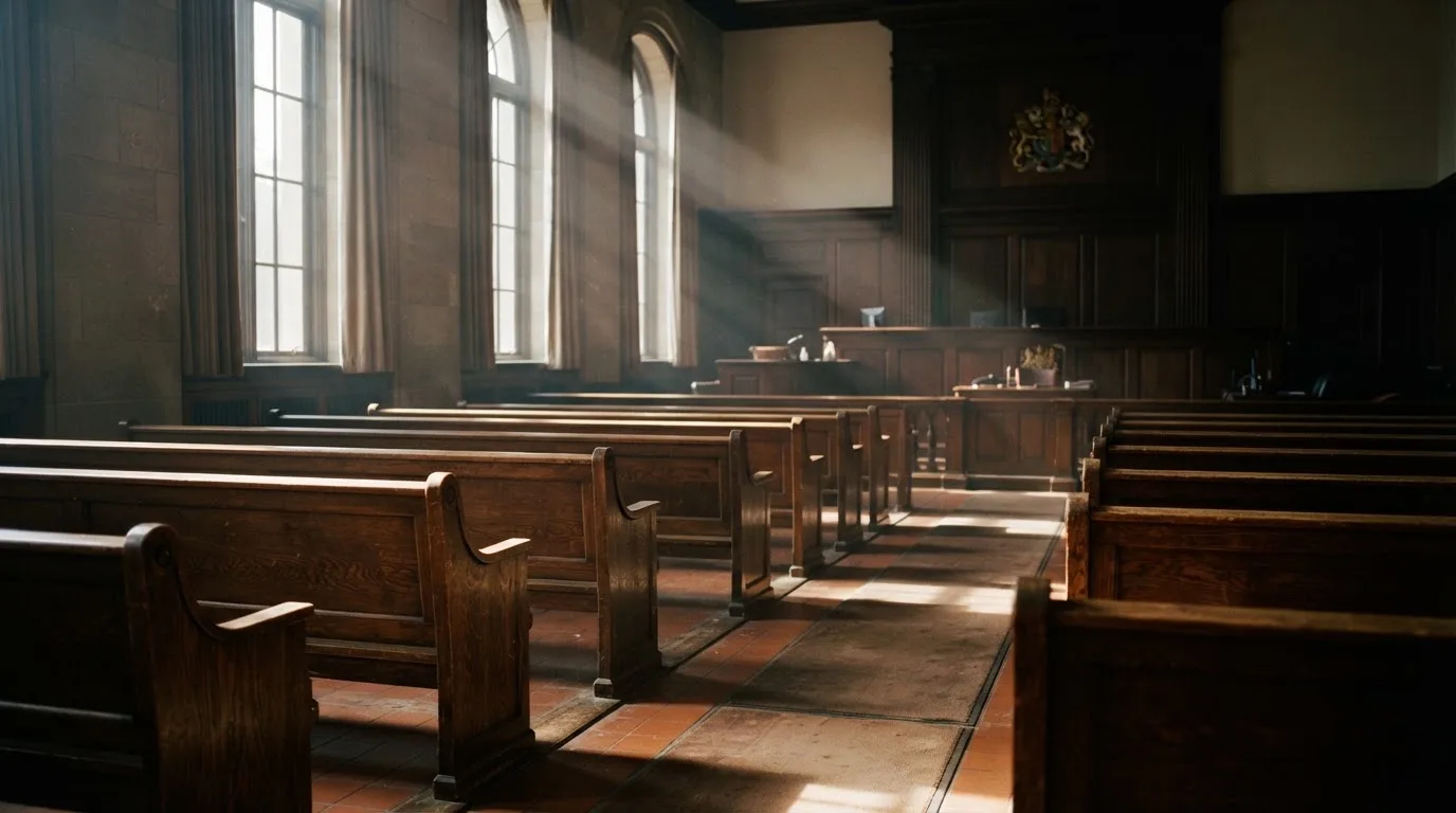 An empty courtroom with wooden benches in morning light