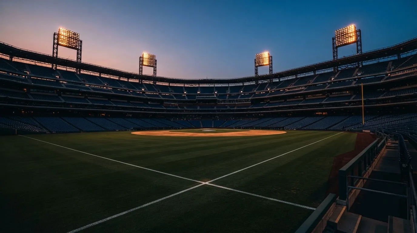 An empty football stadium with floodlight masts at dusk