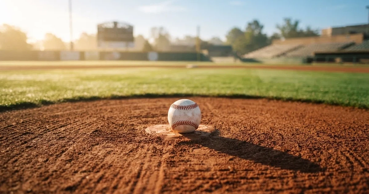 A ball on the centre spot of a grass pitch in morning light