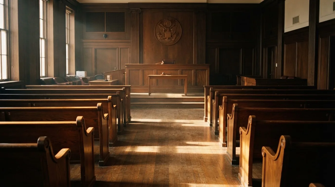 An empty courtroom with wooden benches in morning light