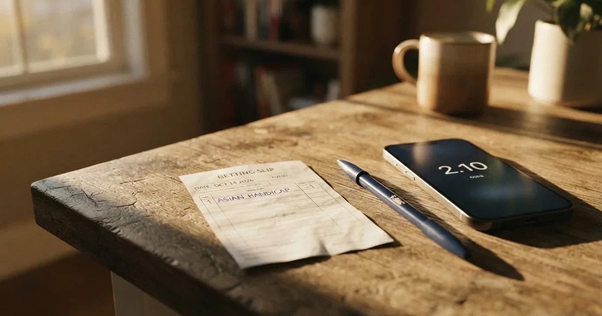A blank paper betting slip beside a pen on a wooden counter
