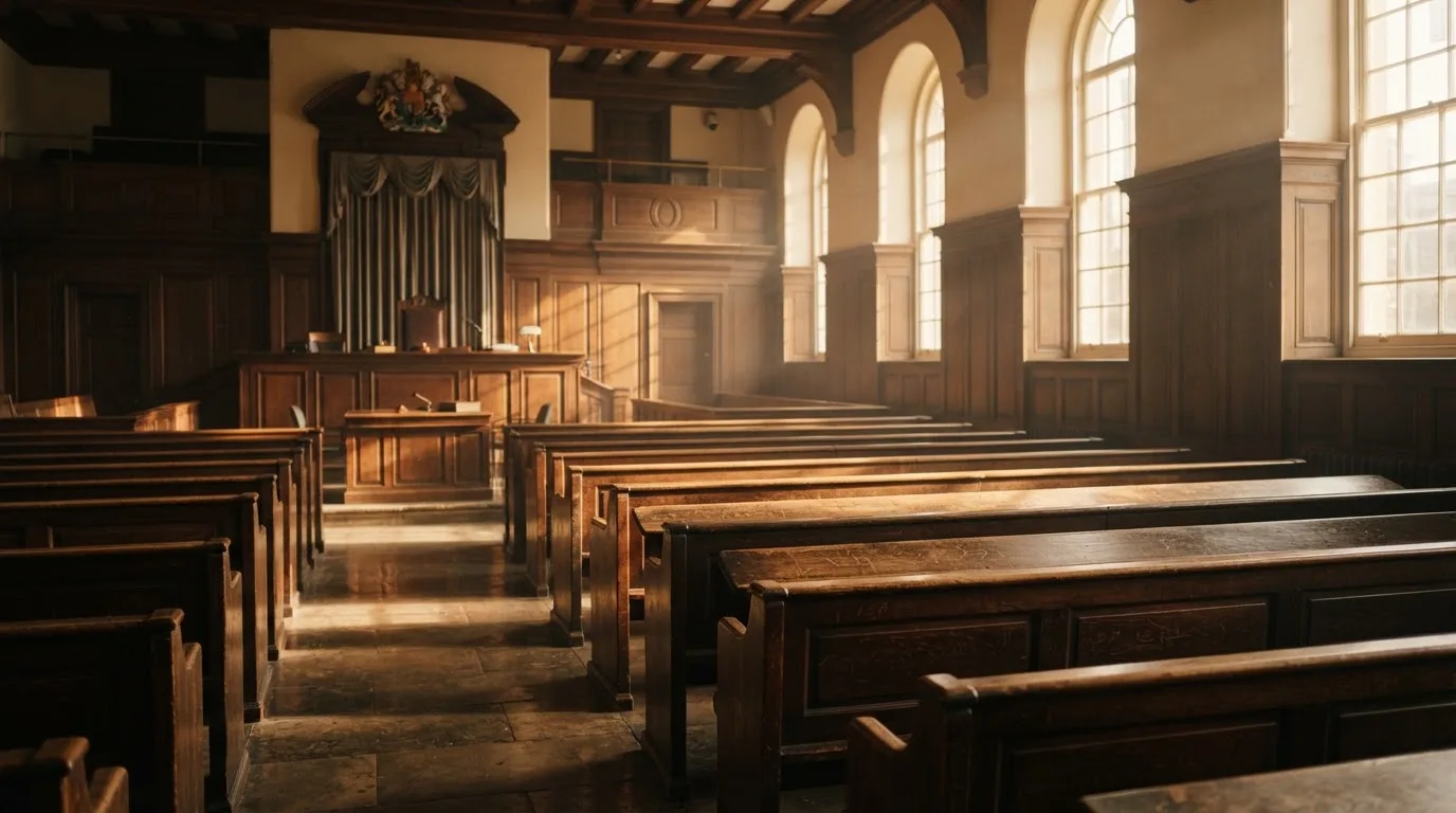 An empty courtroom with wooden benches in morning light