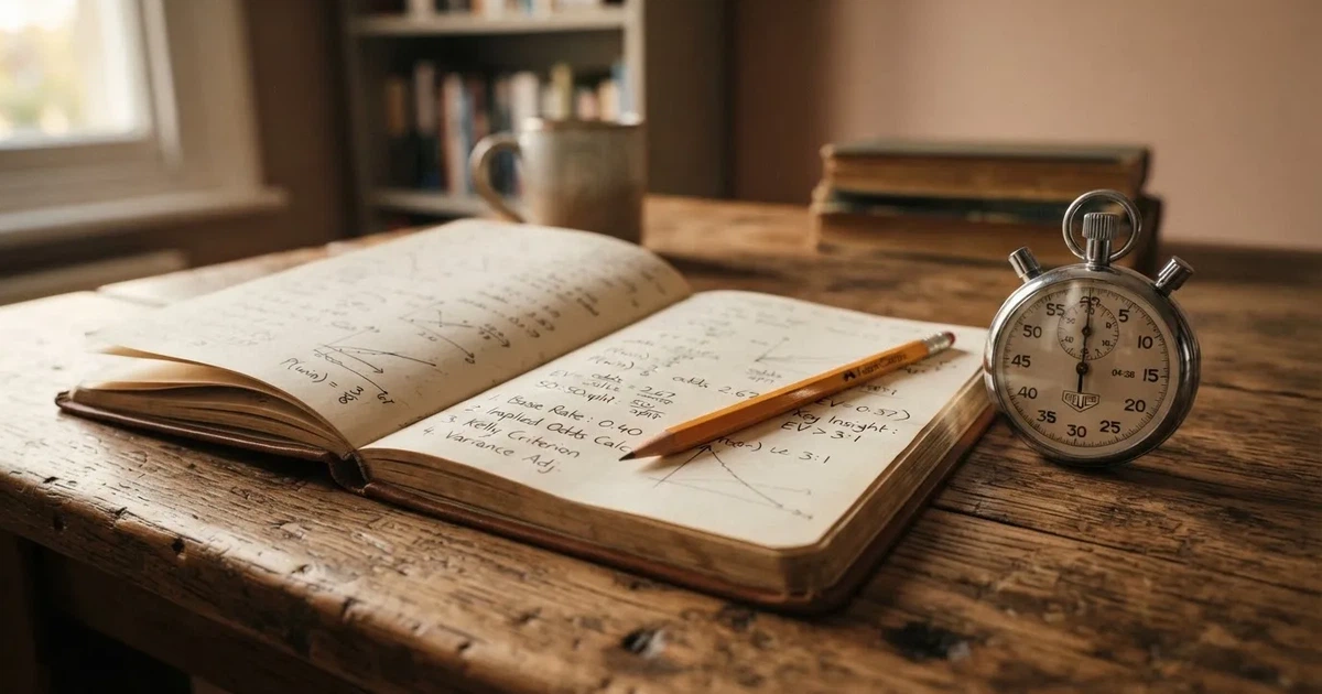 An open notebook with a pencil and a stopwatch on a wooden table