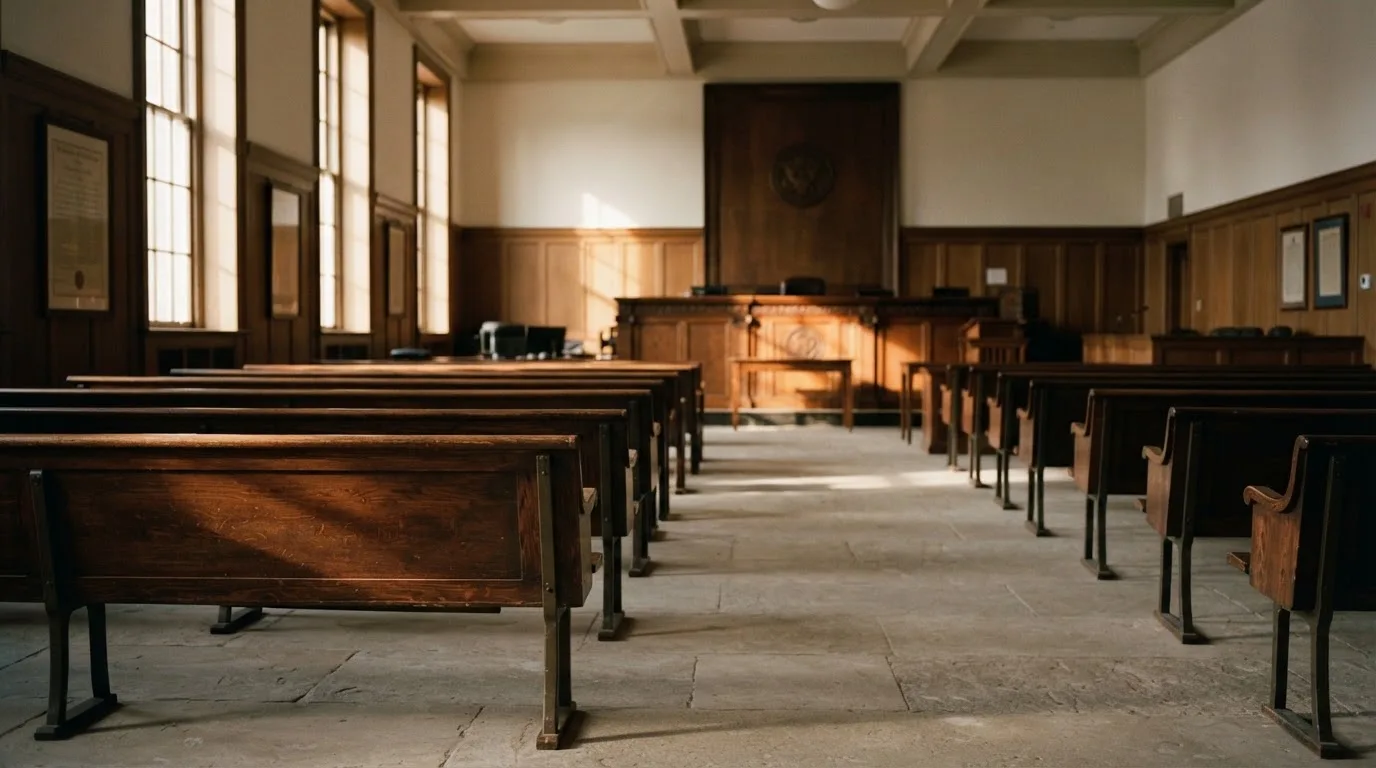 An empty courtroom with wooden benches in morning light