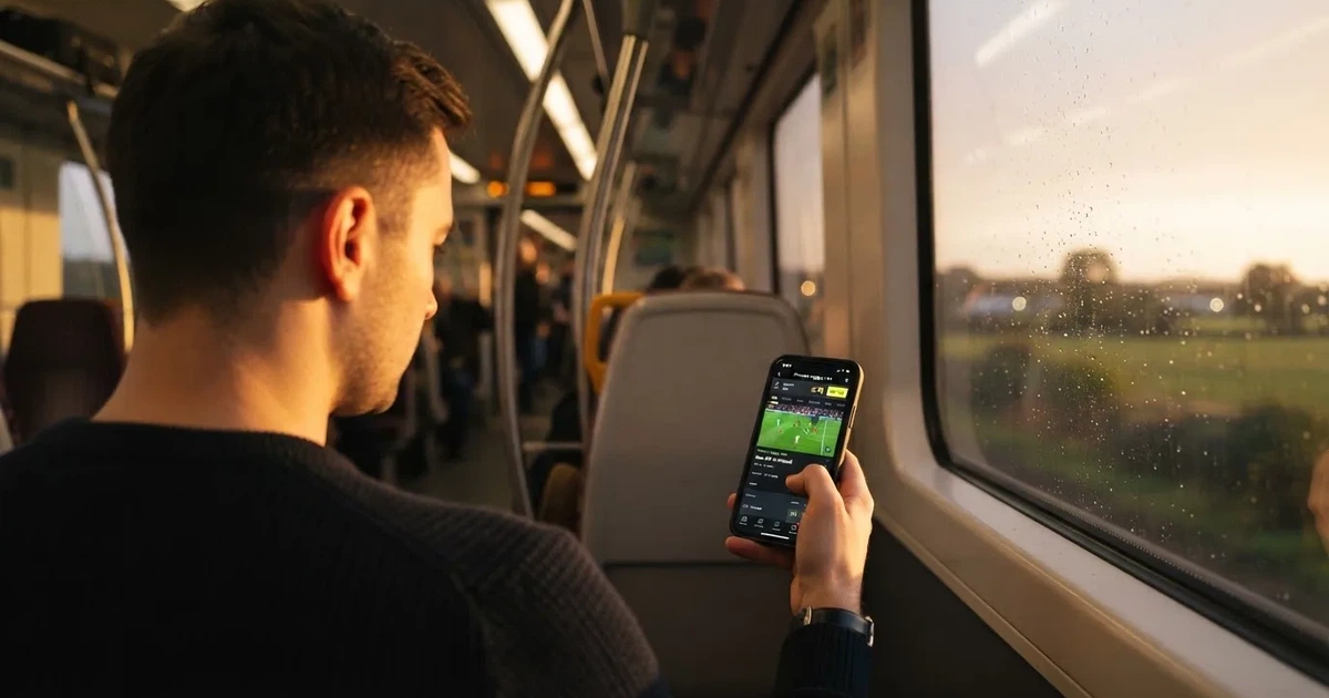 A hand holding a smartphone on a train in the evening, screen turned away