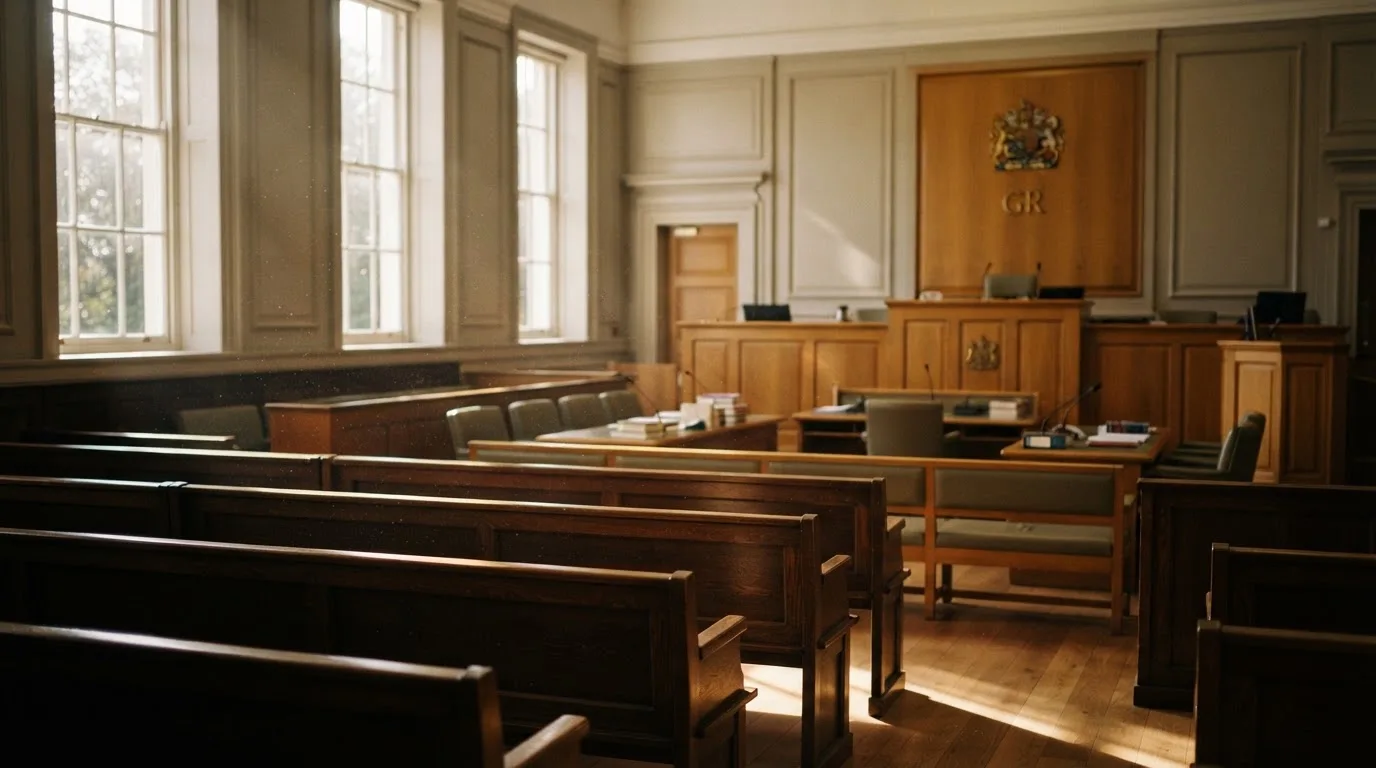 An empty courtroom with wooden benches in morning light