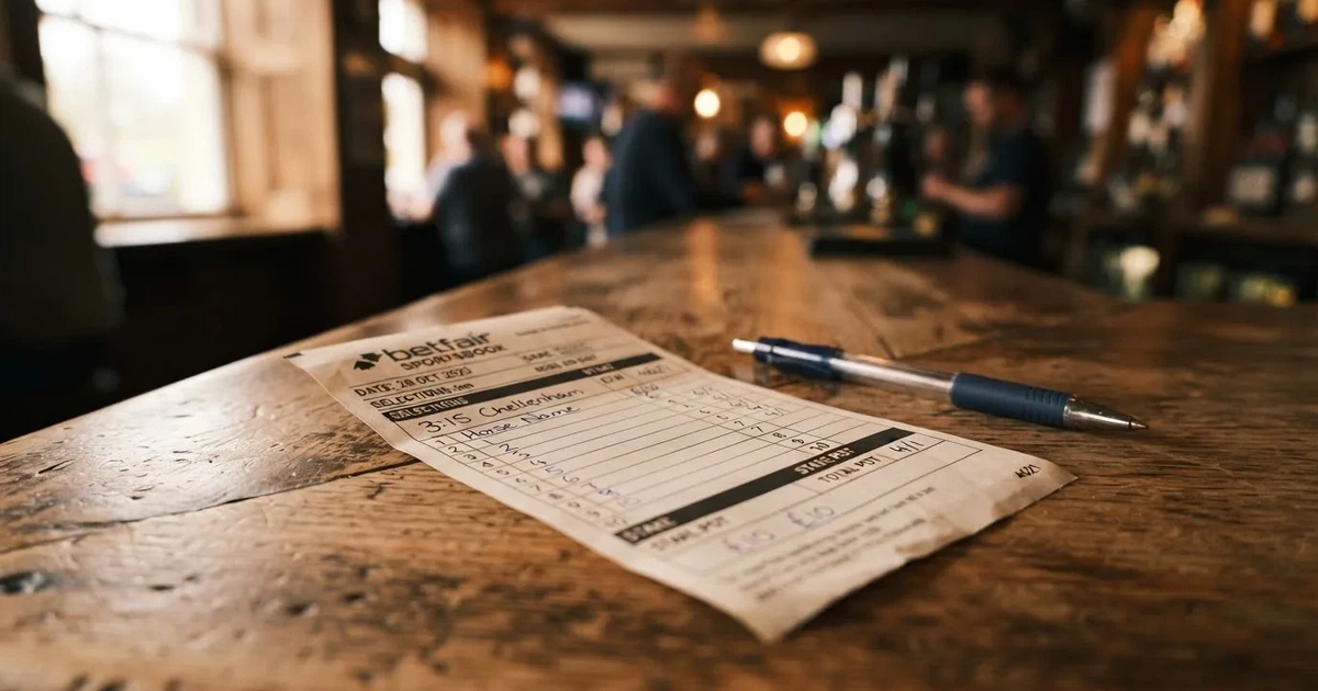 A blank paper betting slip beside a pen on a wooden counter