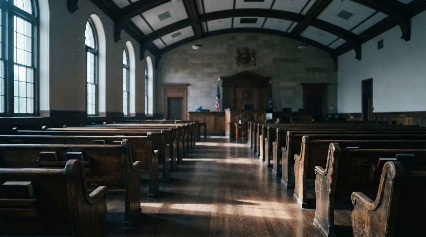 An empty courtroom with wooden benches in morning light
