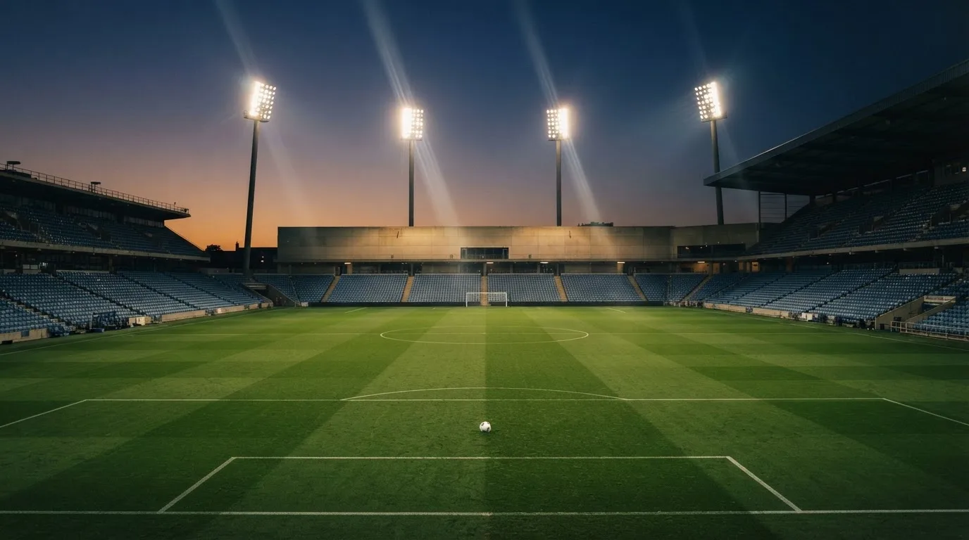 An empty football stadium with floodlight masts at dusk