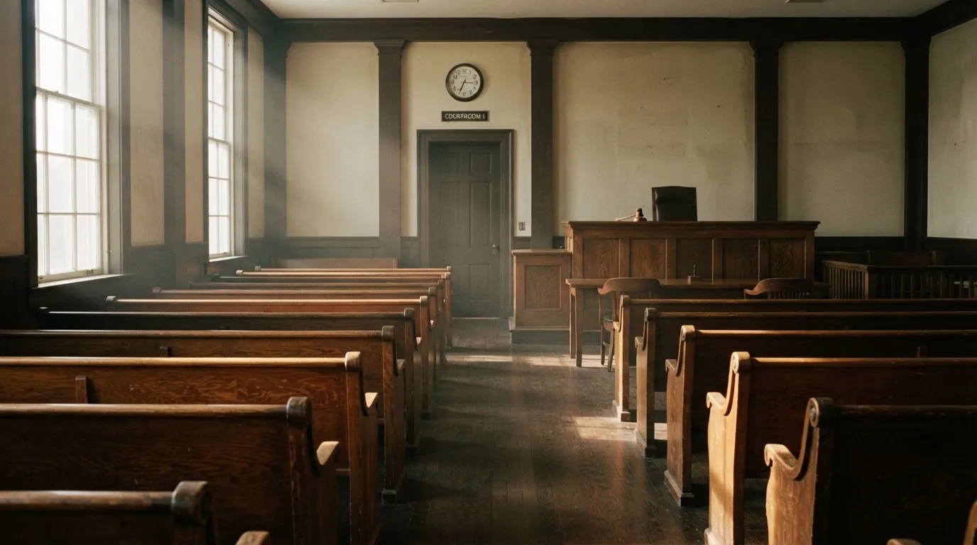 An empty courtroom with wooden benches in morning light