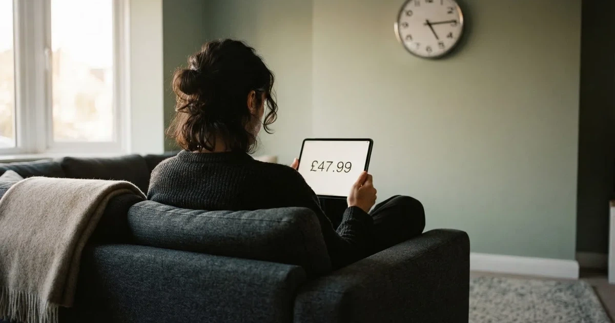 A person on a sofa looking thoughtfully at a tablet, a wall clock in the background