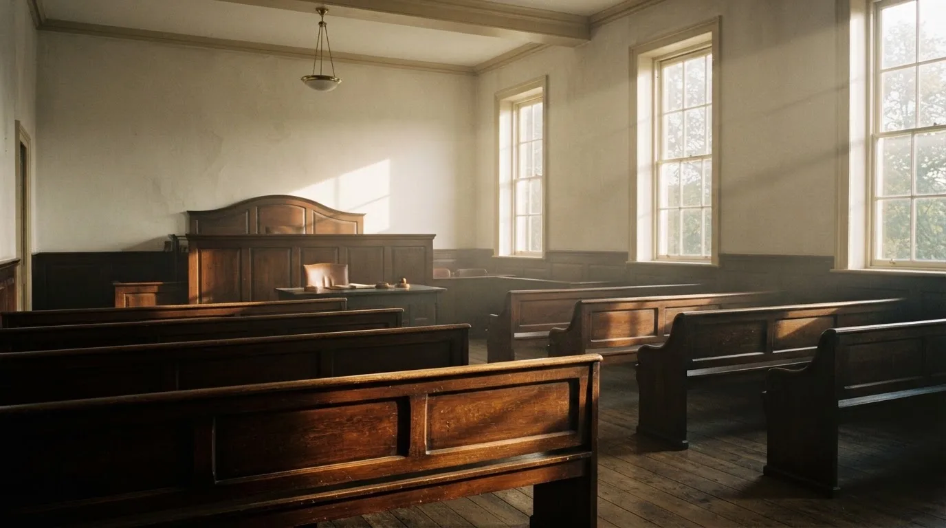 An empty courtroom with wooden benches in morning light