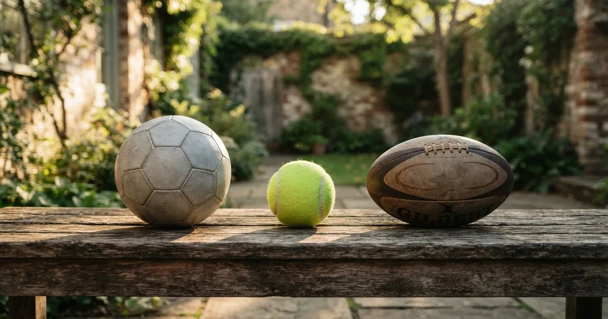 Three balls of different kinds side by side on a wooden bench