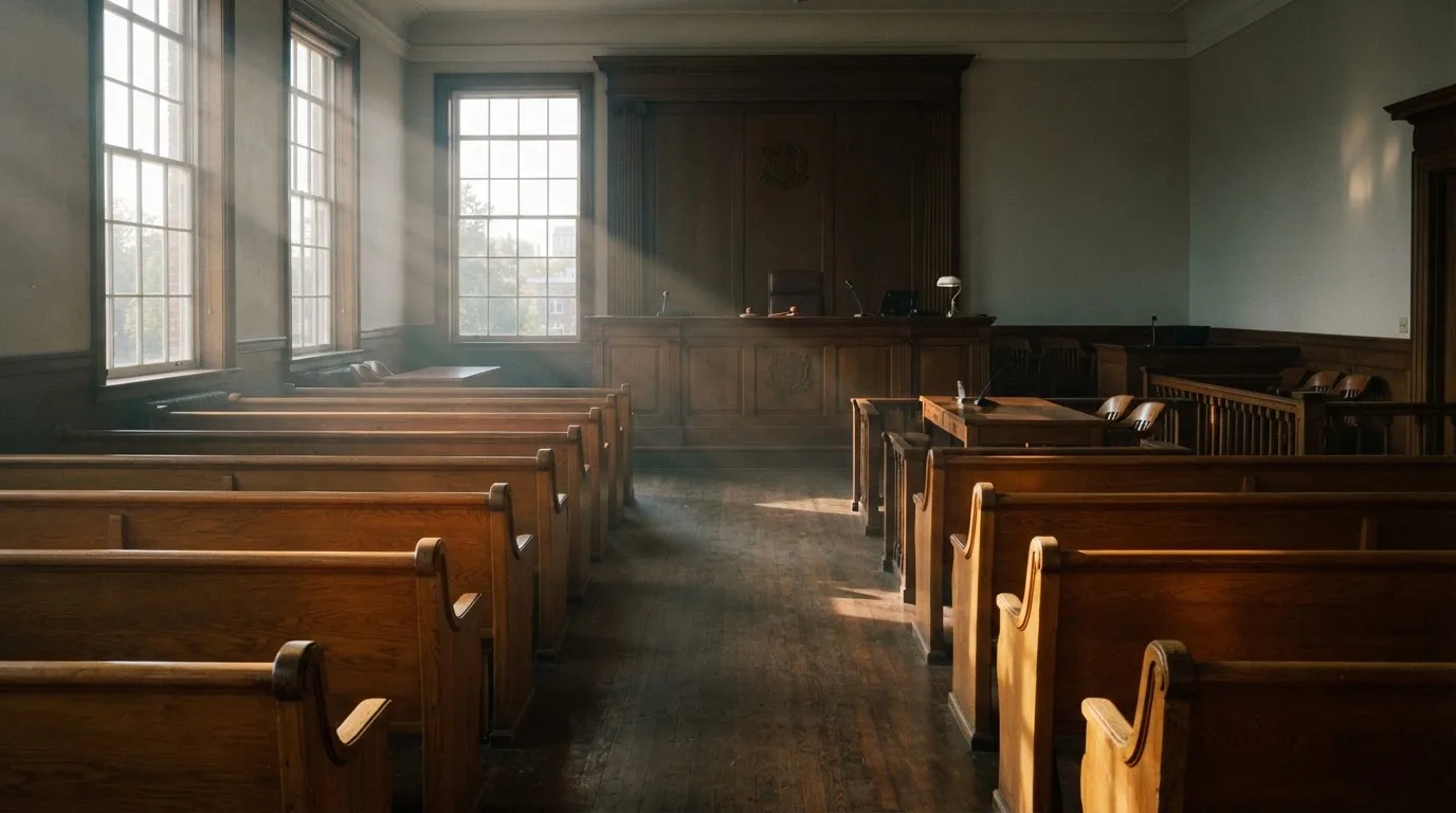 An empty courtroom with wooden benches in morning light
