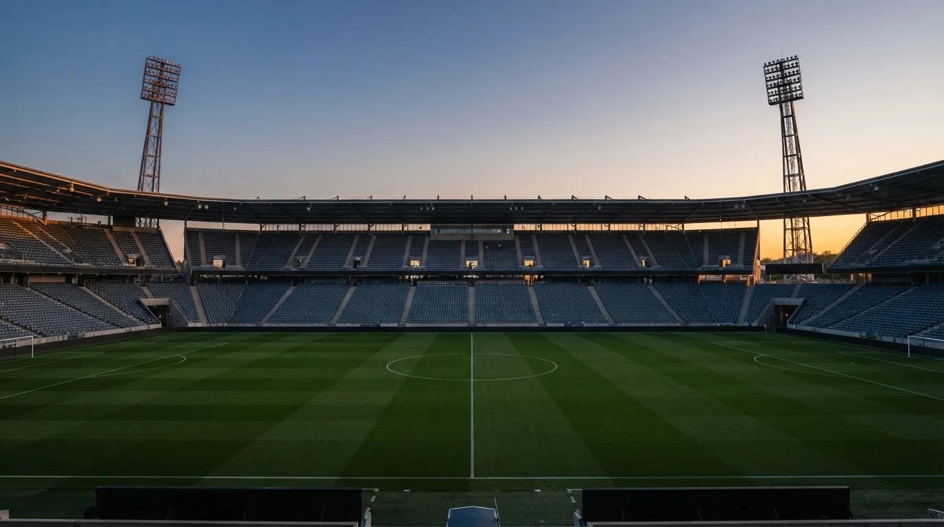 An empty football stadium with floodlight masts at dusk
