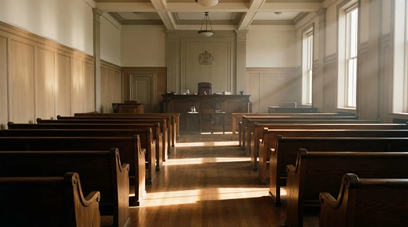 An empty courtroom with wooden benches in morning light
