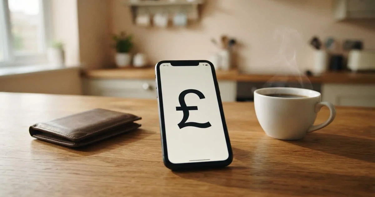 A smartphone on a wooden table beside a wallet and a coffee cup