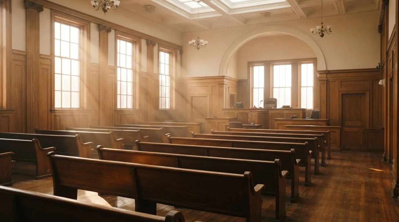 An empty courtroom with wooden benches in morning light