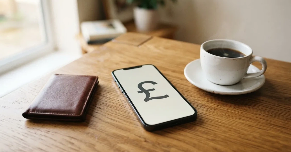 A smartphone on a wooden table beside a wallet and a coffee cup