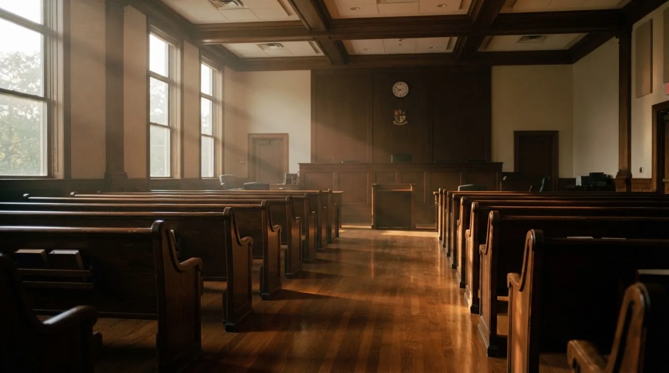 An empty courtroom with wooden benches in morning light