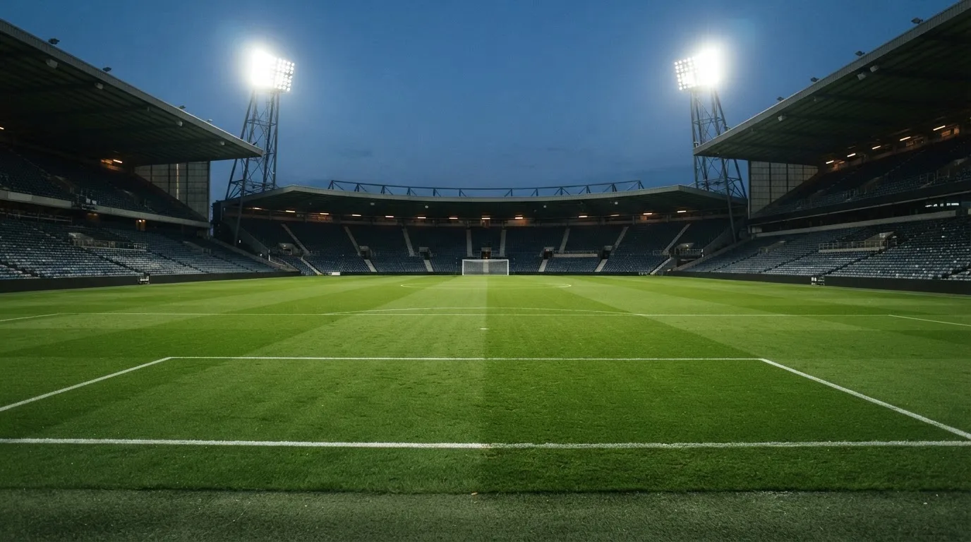An empty football stadium with floodlight masts at dusk
