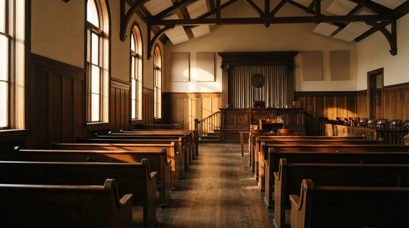 An empty courtroom with wooden benches in morning light