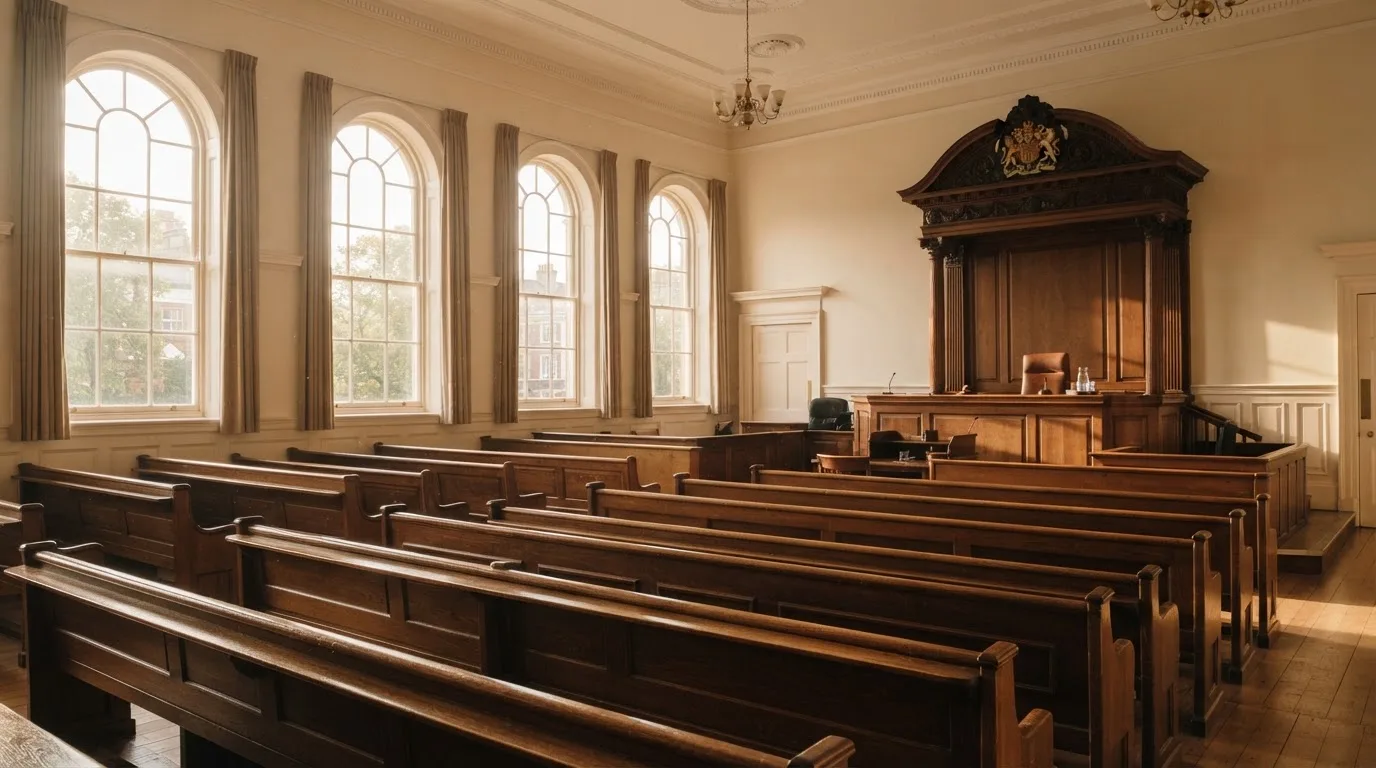 An empty courtroom with wooden benches in morning light