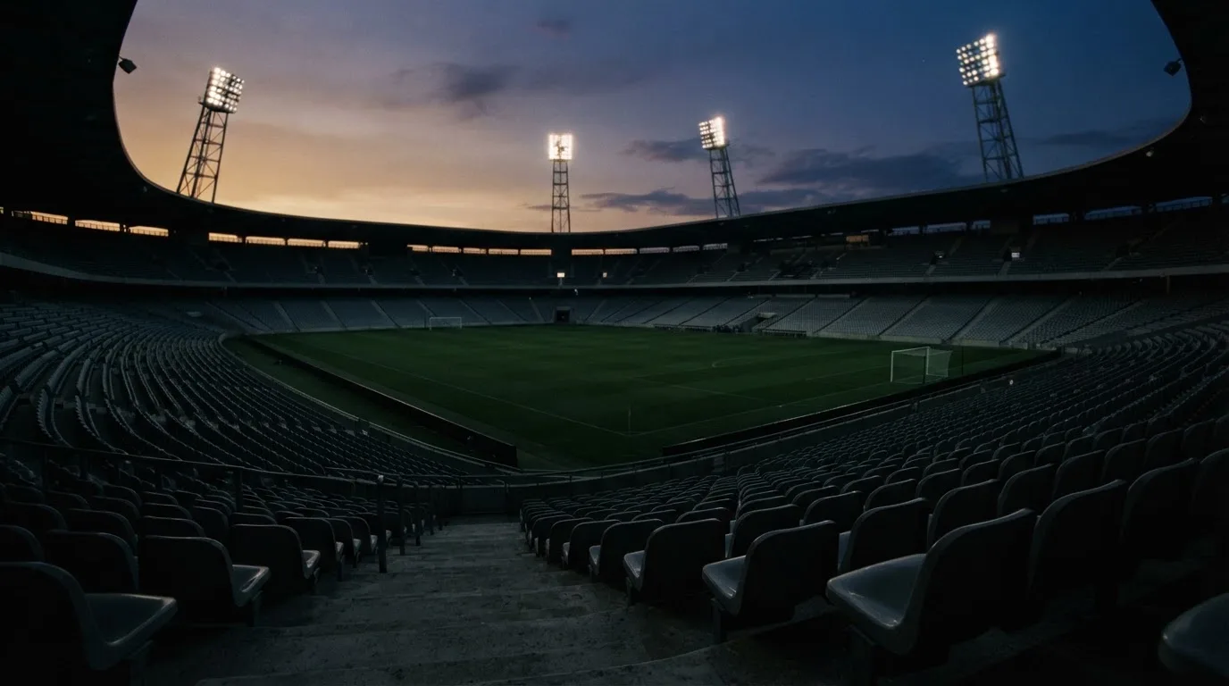 An empty football stadium with floodlight masts at dusk