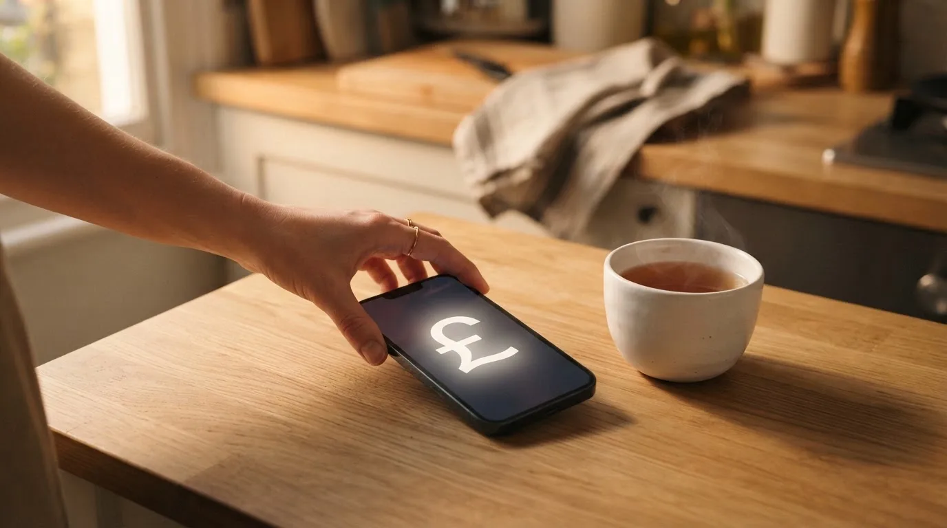 A hand setting a smartphone down beside a cup of tea on a kitchen table on a quiet evening