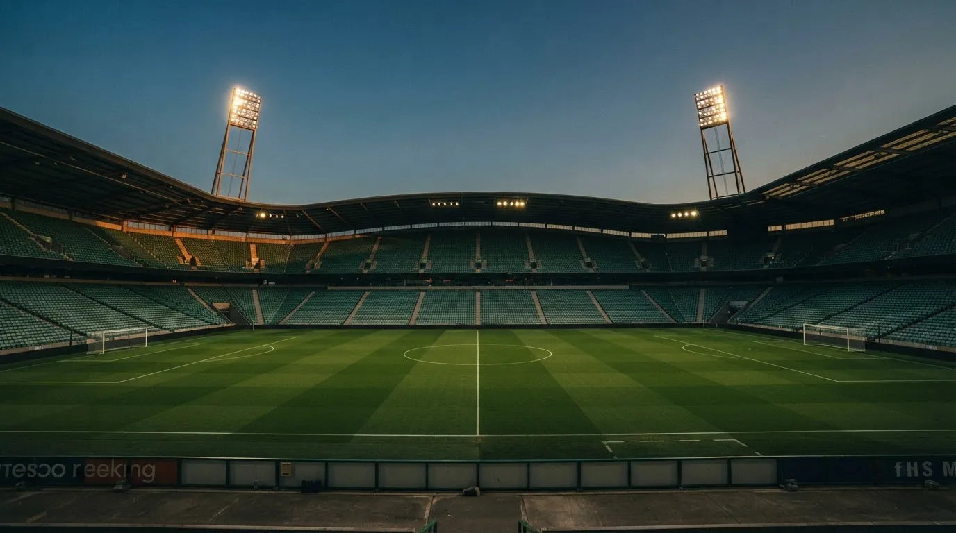 An empty football stadium with floodlight masts at dusk