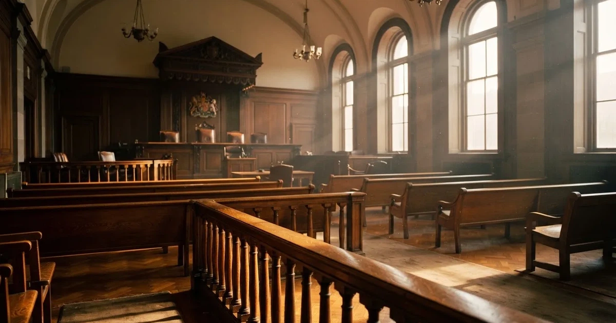 An empty courtroom with wooden benches in morning light