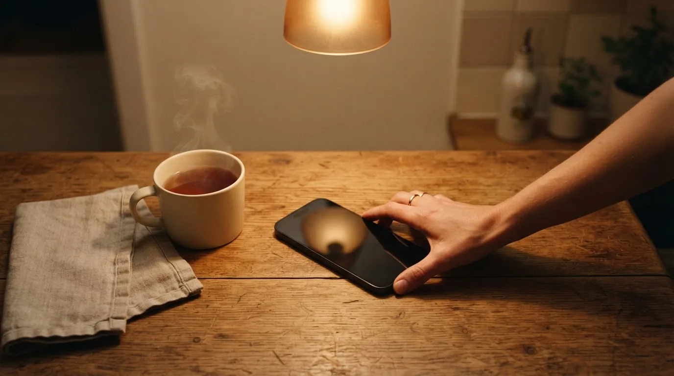 A hand setting a smartphone down beside a cup of tea on a kitchen table on a quiet evening