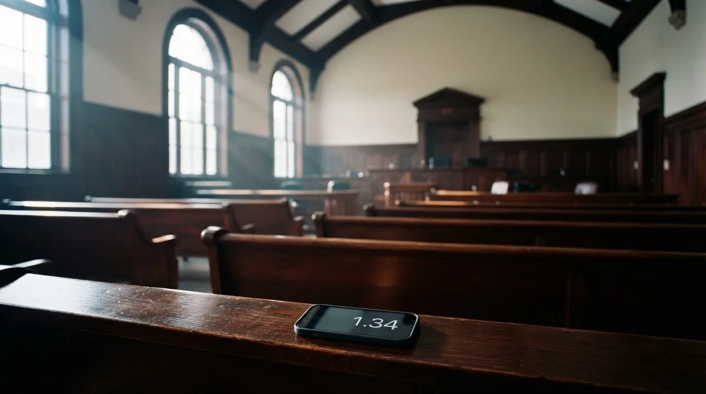 An empty courtroom with wooden benches in morning light