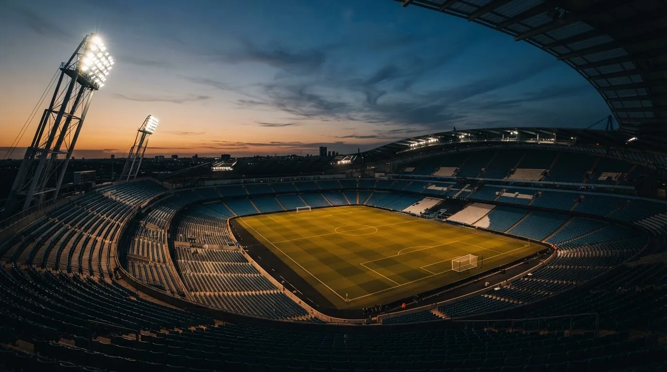 An empty football stadium with floodlight masts at dusk