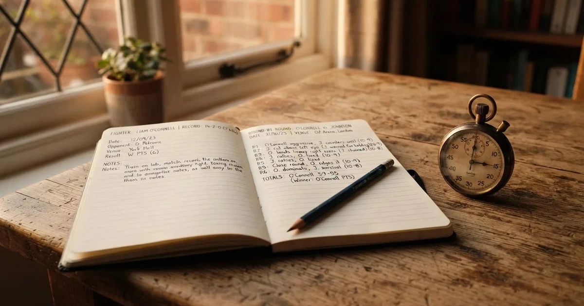 An open notebook with a pencil and a stopwatch on a wooden table