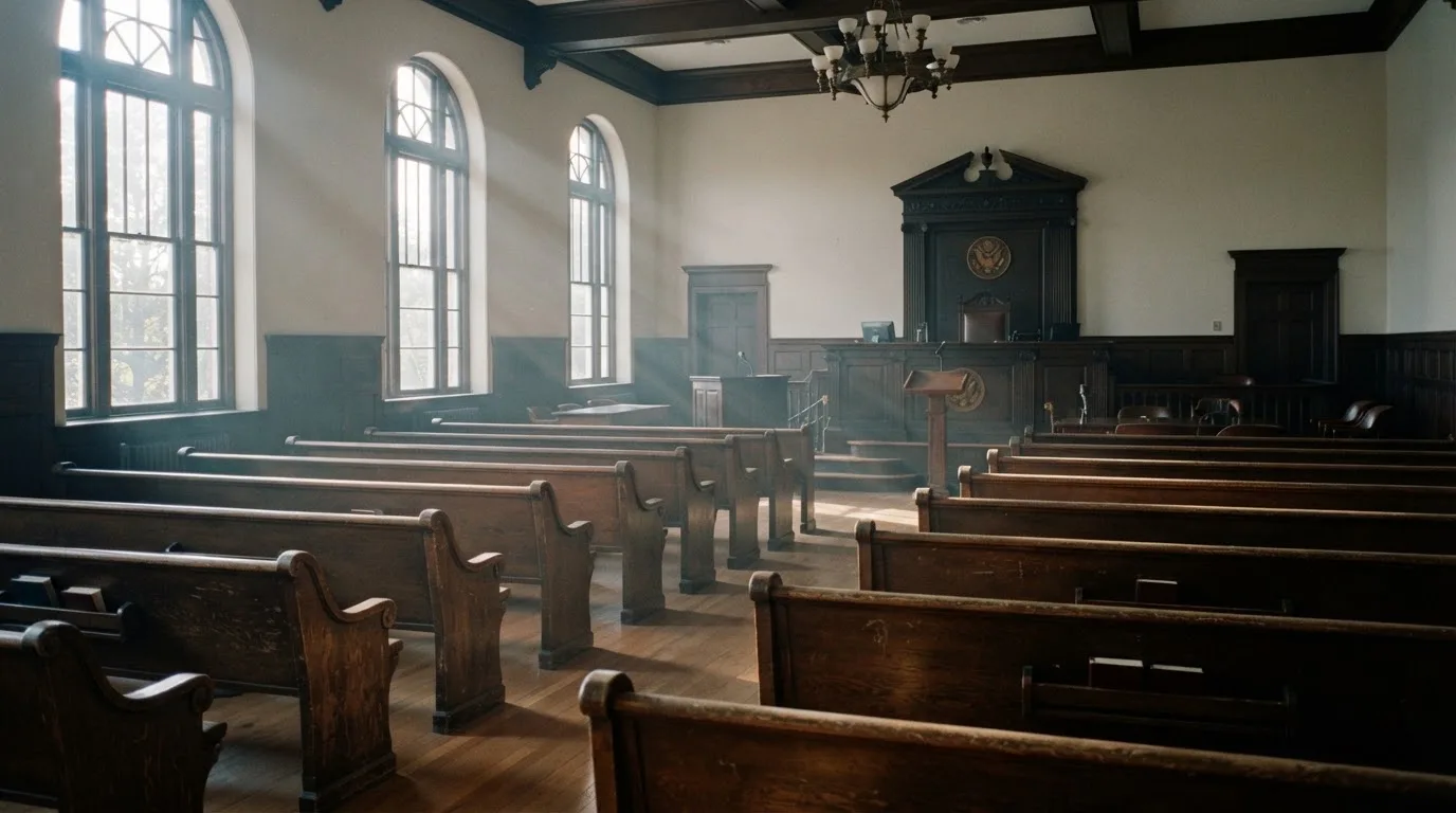 An empty courtroom with wooden benches in morning light
