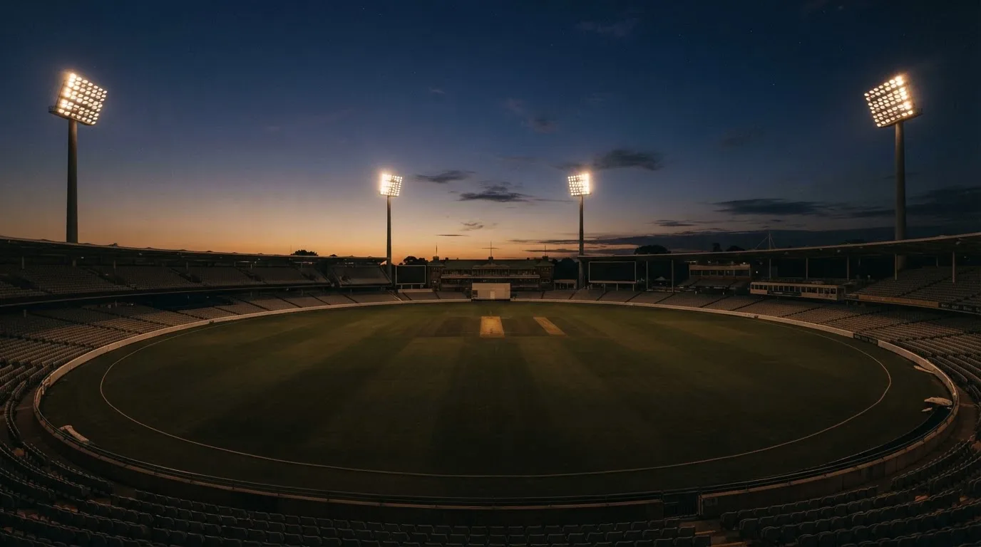 An empty football stadium with floodlight masts at dusk