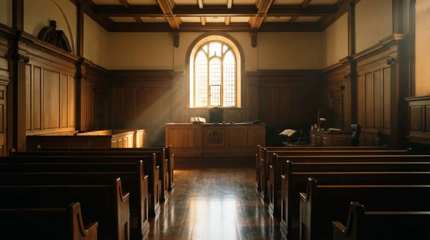 An empty courtroom with wooden benches in morning light