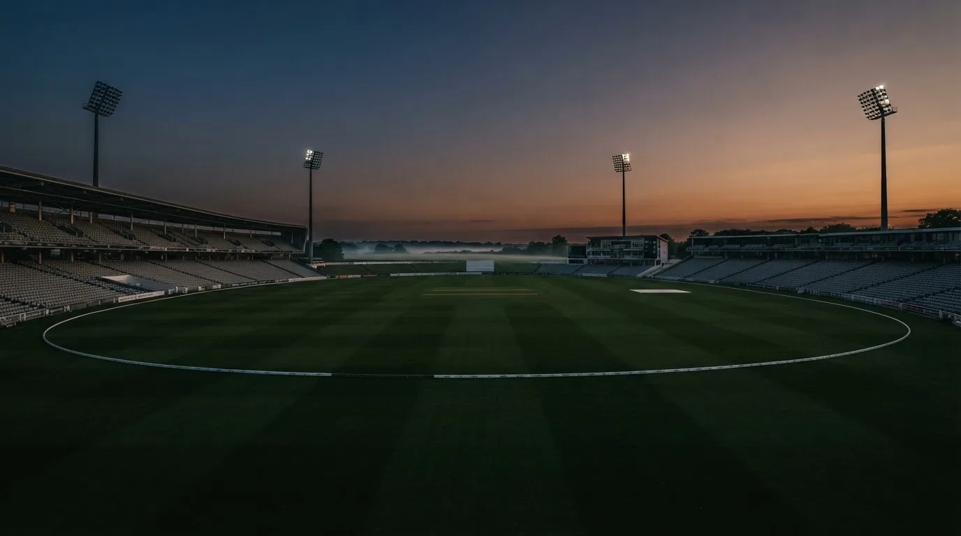 An empty football stadium with floodlight masts at dusk
