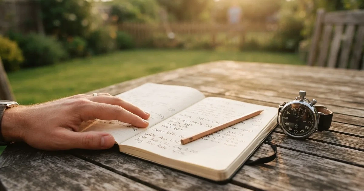 An open notebook with a pencil and a stopwatch on a wooden table