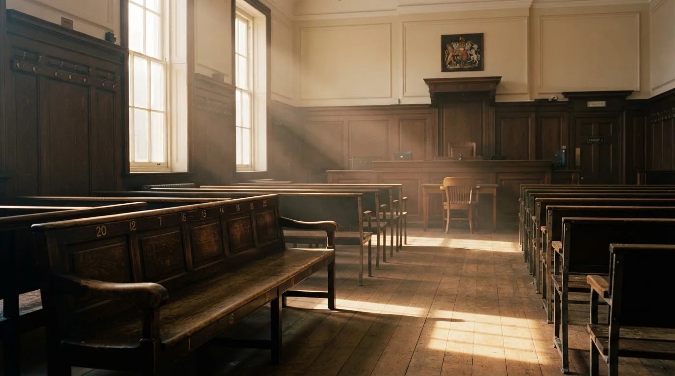 An empty courtroom with wooden benches in morning light